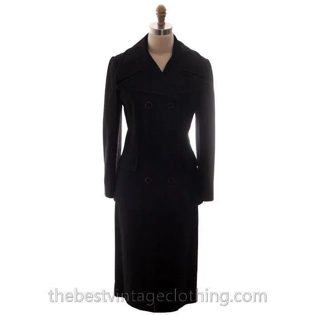 1970s Vintage Suit Womens Lynn Hayes Black Wool Cool Mod Lining Double Breasted S