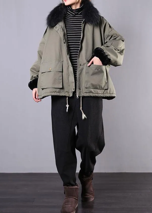 2019 army green casual outfit oversize snow jackets pockets faux fur collar winter coats