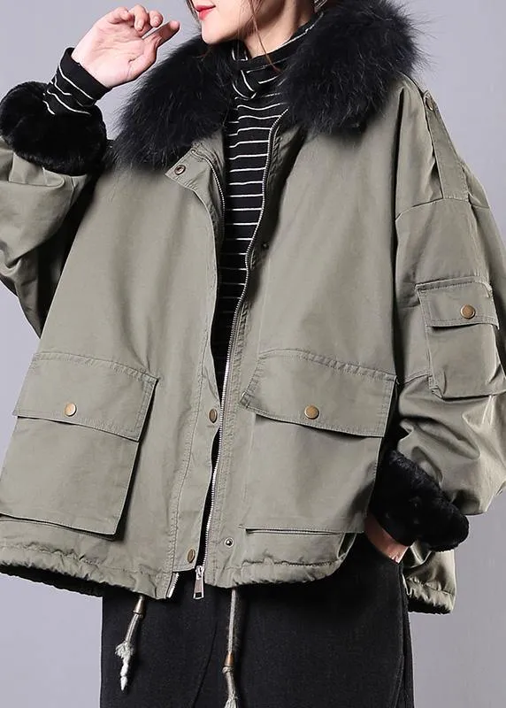 2019 army green casual outfit oversize snow jackets pockets faux fur collar winter coats