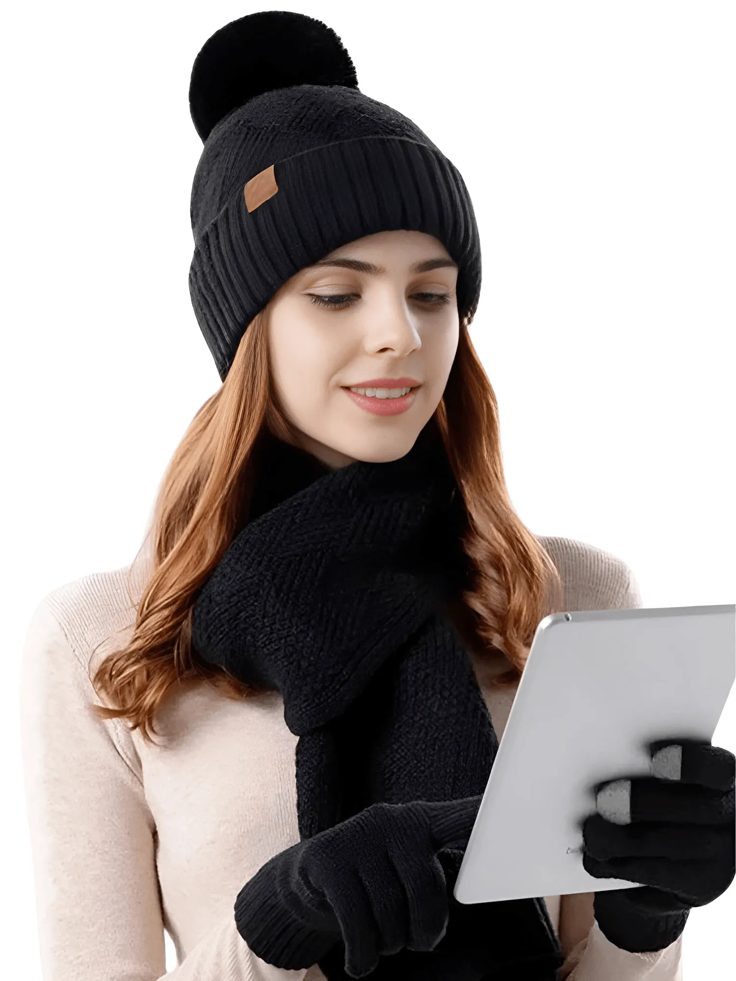 3-Piece Winter Set Beanie Hat Scarf Touchscreen Gloves Set for Women Warm Knit Fleece Lined Hat Set