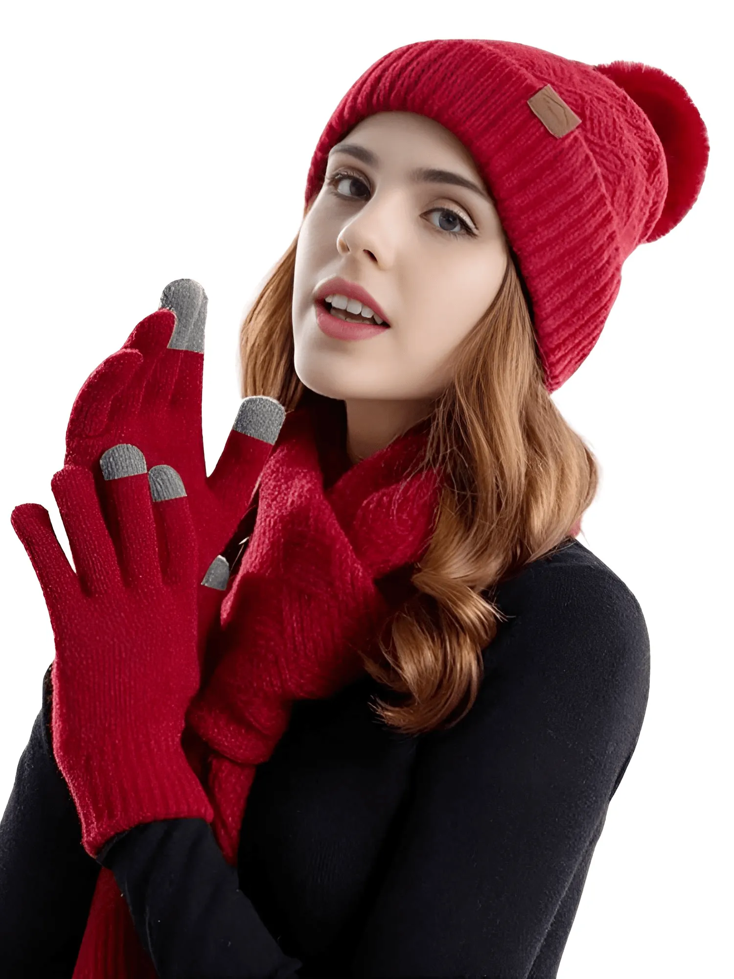 3-Piece Winter Set Beanie Hat Scarf Touchscreen Gloves Set for Women Warm Knit Fleece Lined Hat Set