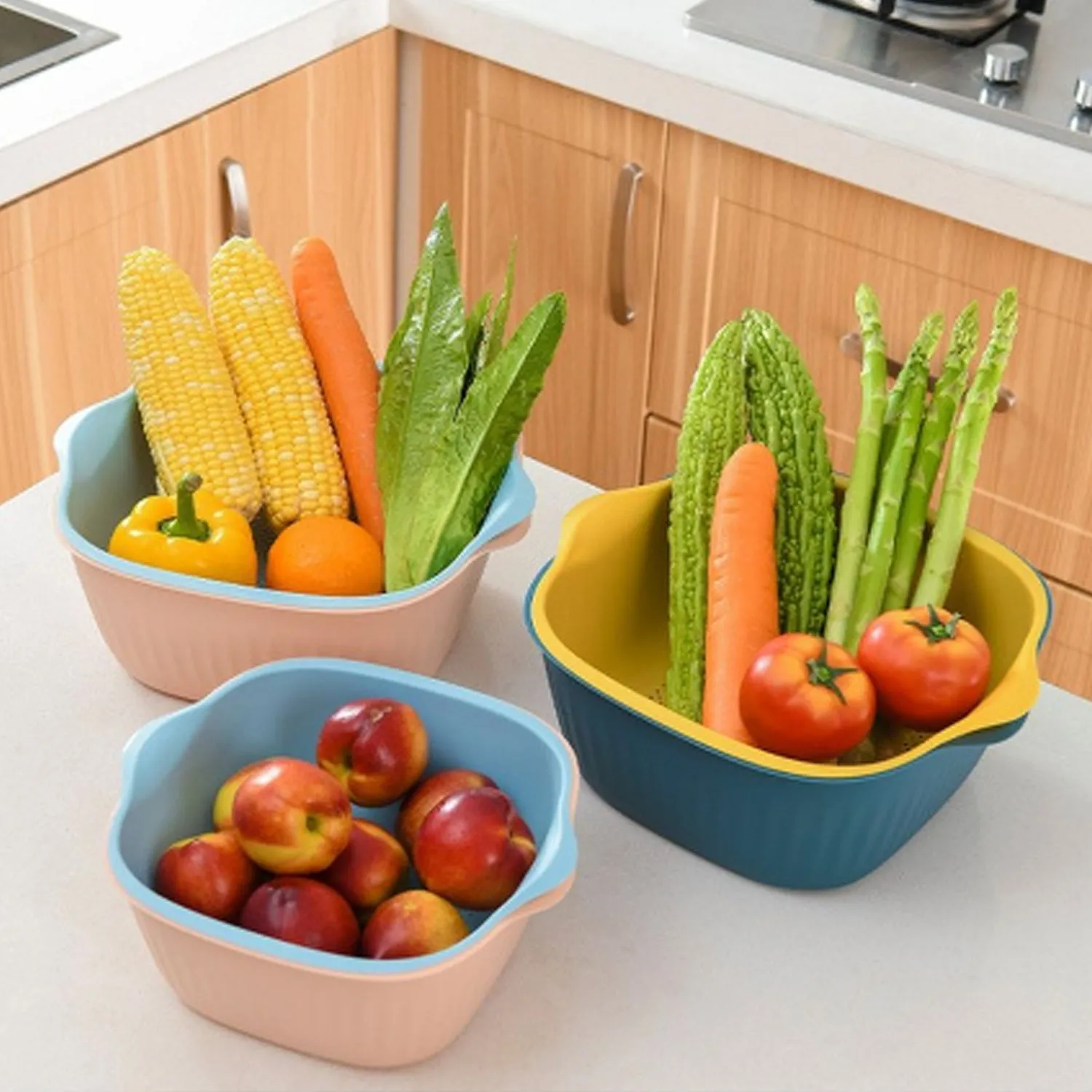 5228A  KITCHEN BOWL PLASTIC WASHING BOWL AND STRAINER DRAINER BASKET FOR HOME & KITCHEN USE