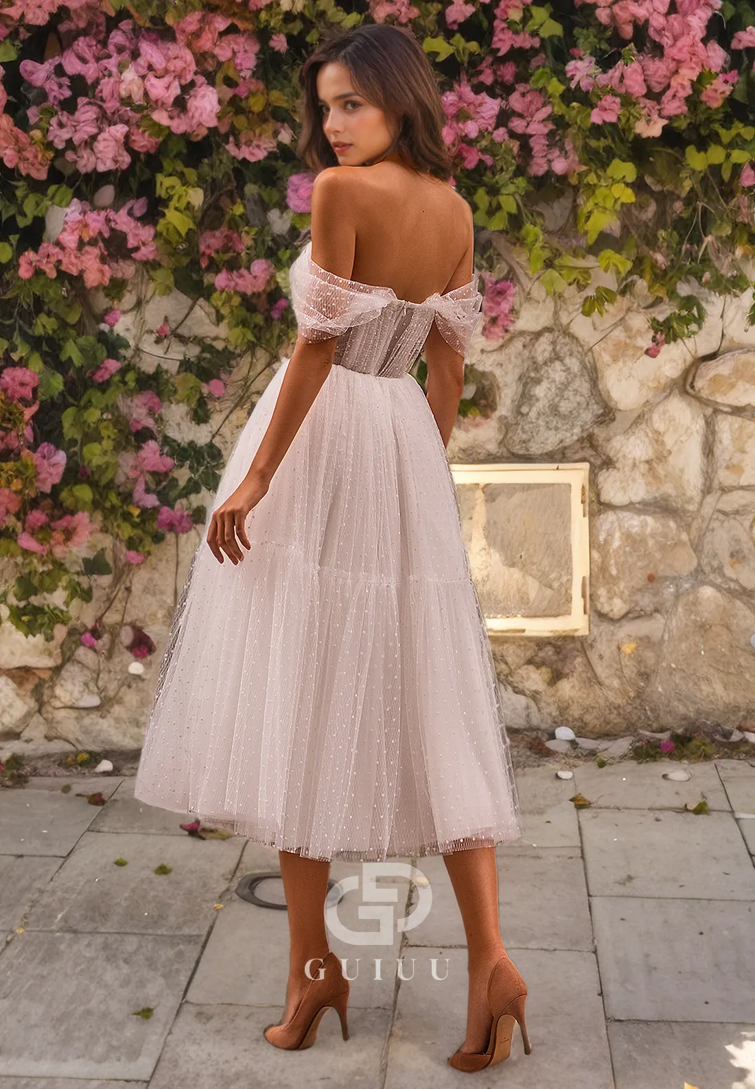 A-Line Off Shoulder Sleeveless Pleated Tea Length Tulle Wedding Dress