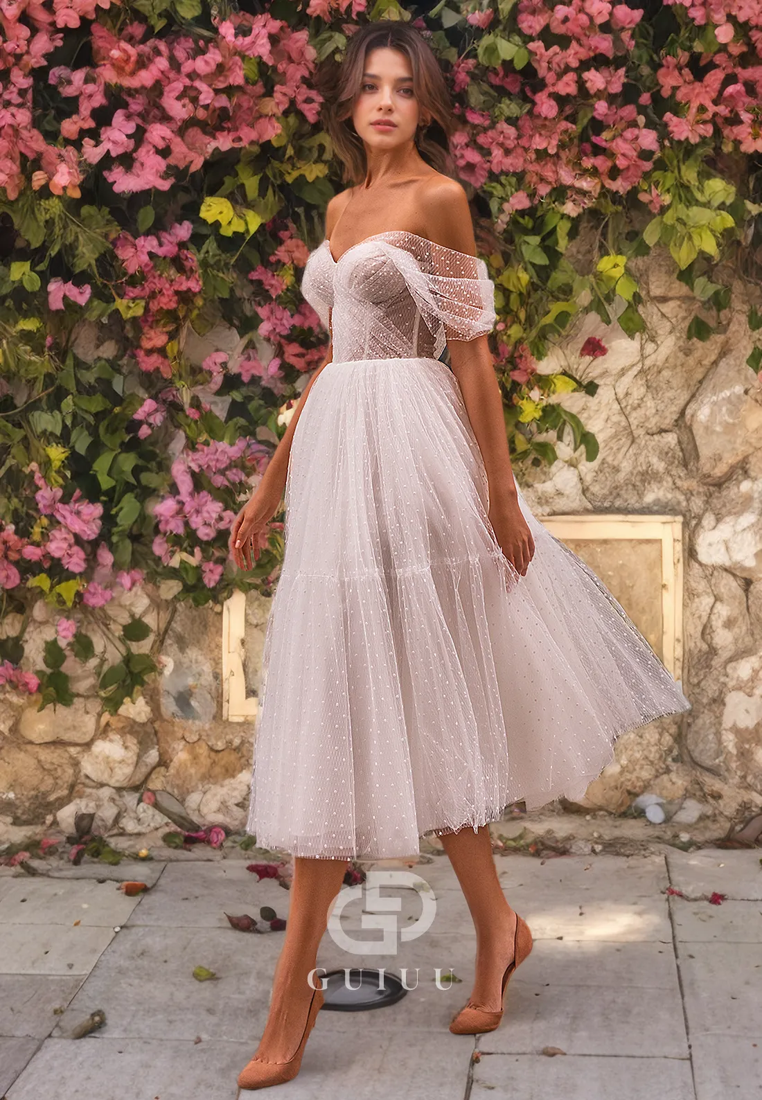 A-Line Off Shoulder Sleeveless Pleated Tea Length Tulle Wedding Dress