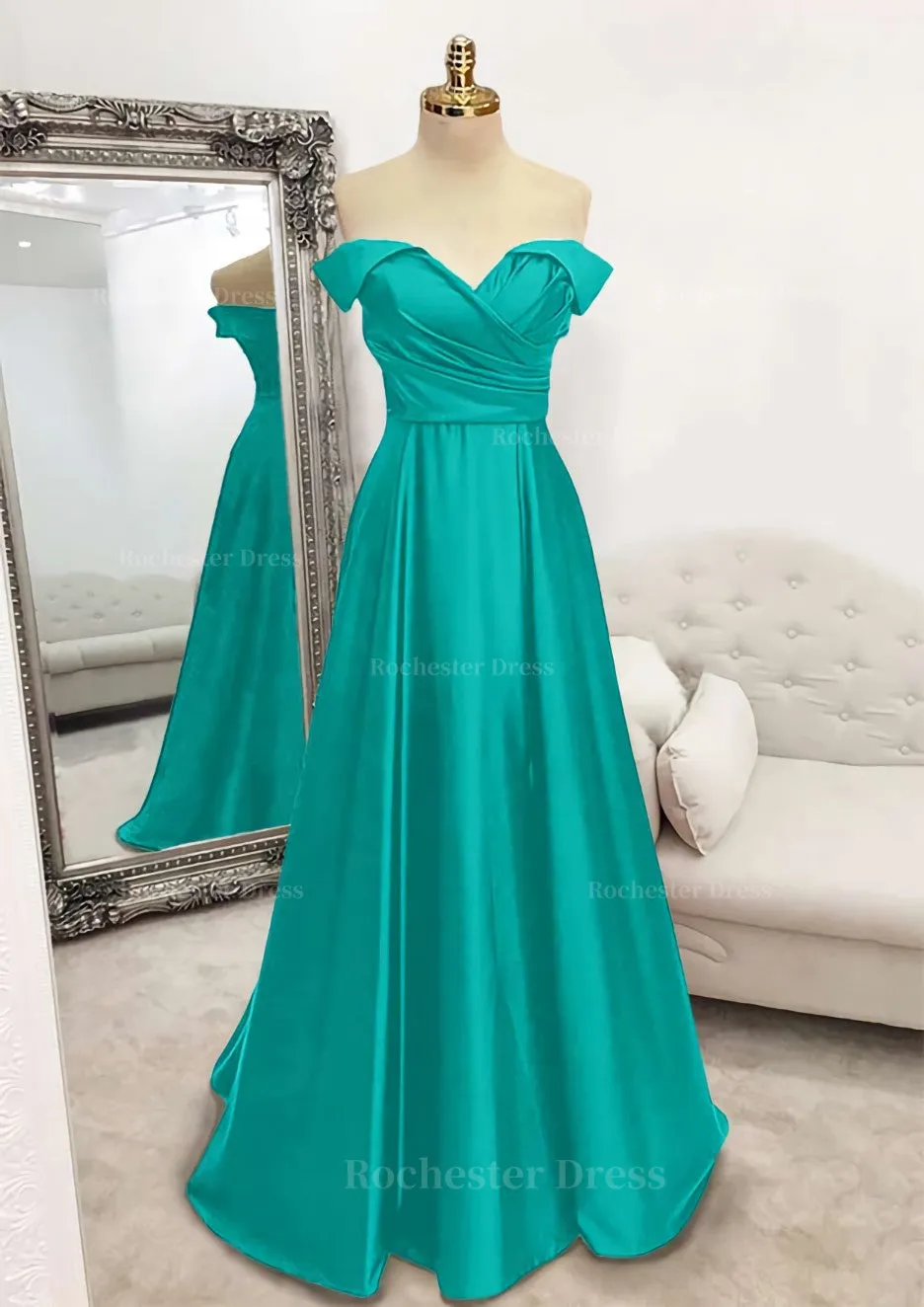 A-line Off-the-Shoulder Sleeveless Long/Floor-Length Satin Prom Dress With Pleated