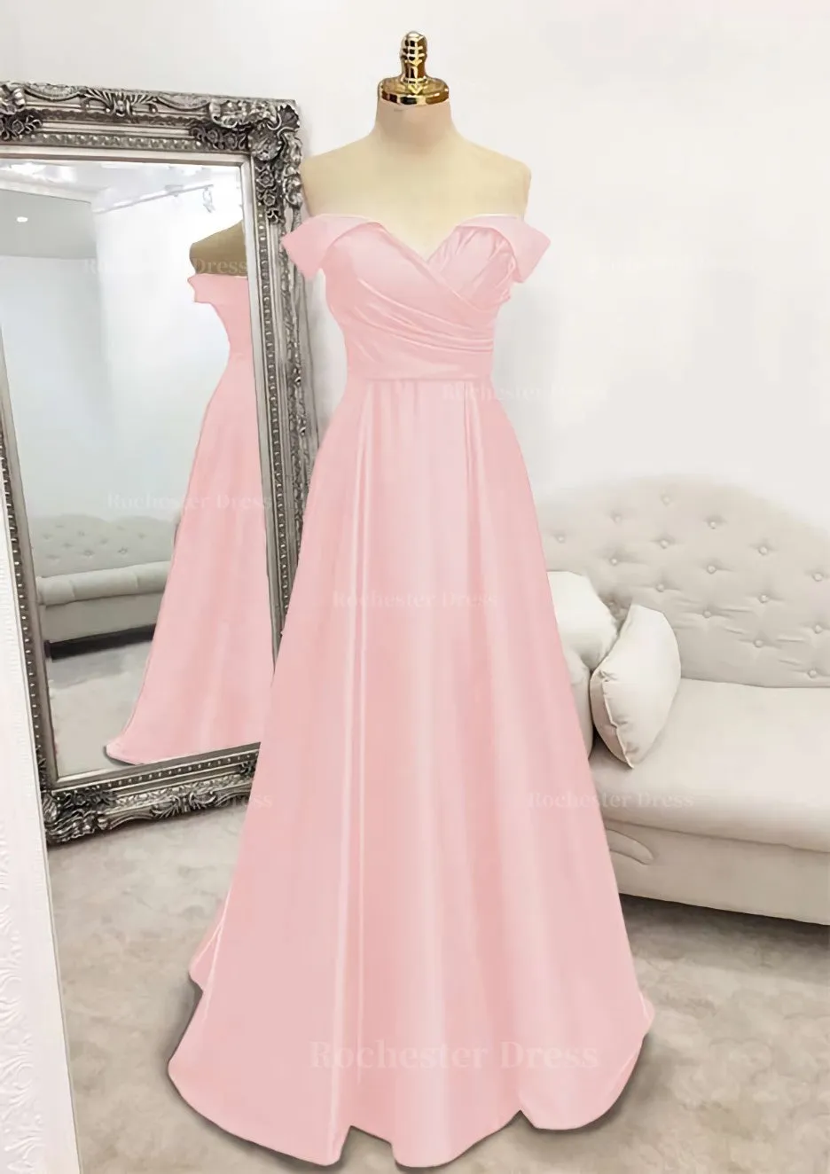 A-line Off-the-Shoulder Sleeveless Long/Floor-Length Satin Prom Dress With Pleated