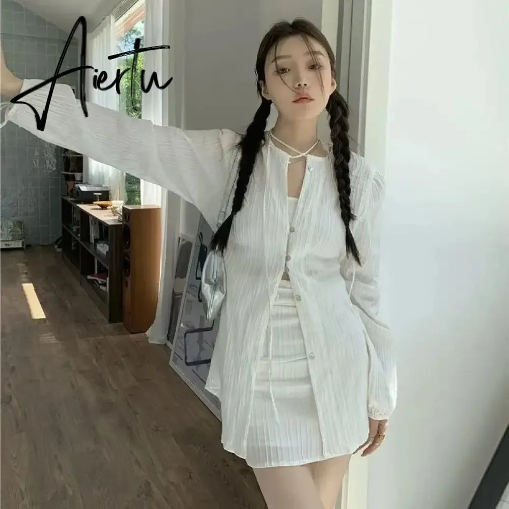 Aiertu Fashion Suit Women Long Sleeve Lacing Up Sun Protection Shirt Summer High Waist Pleated Half Body Short Skirt Two Pieces Clothes