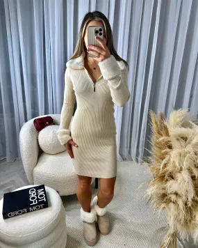 Aleia Faux Fur Collared Ribbed Bodycon Dress - Beige