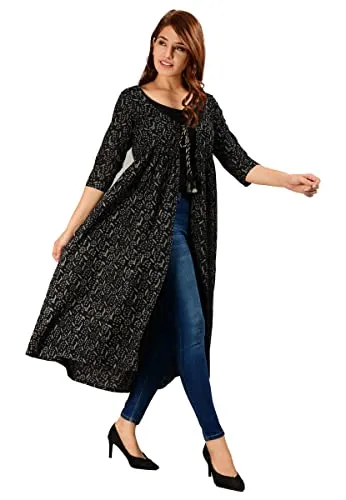 Amazon Brand - Anarva Jaipuri Cotton Long Printed Shrug for Women (Black & White)