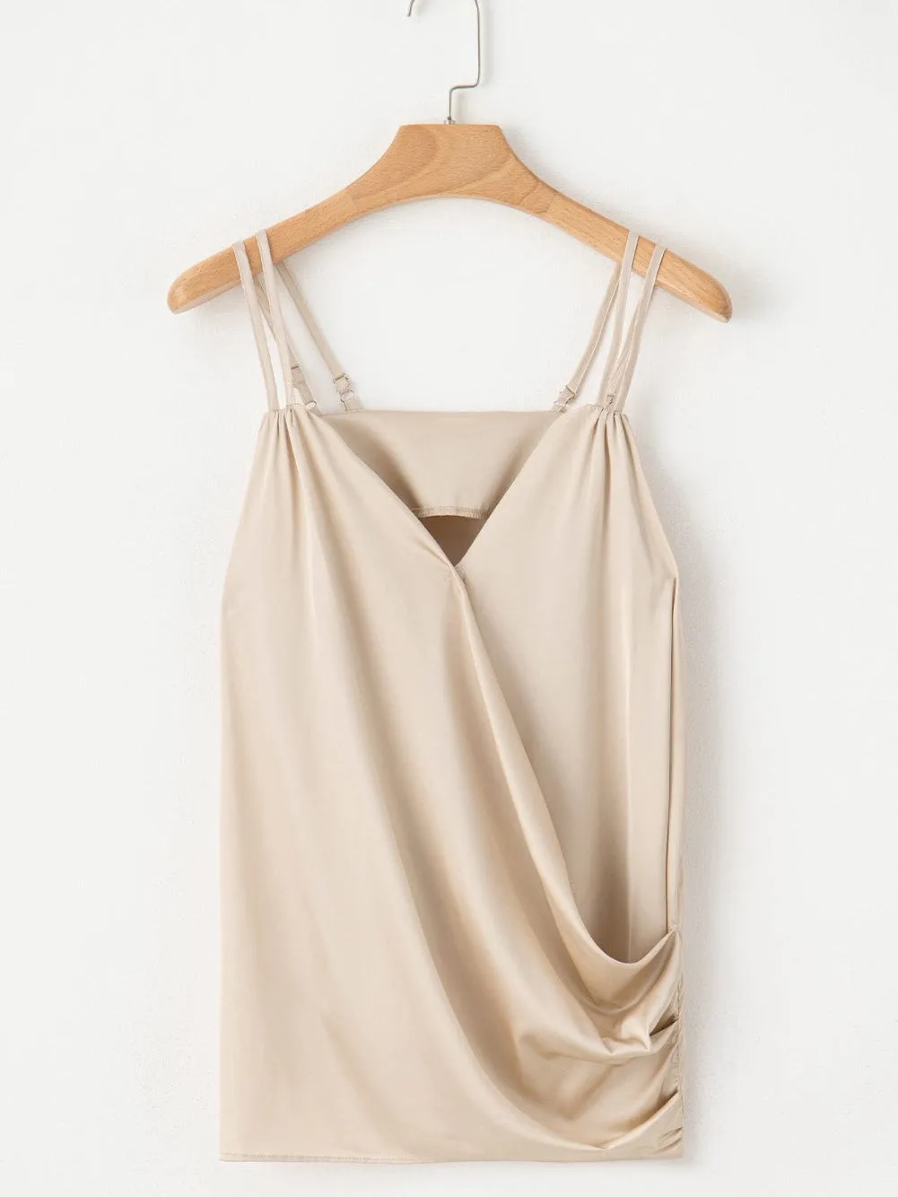 Apricot Pleated V Neck Satin Tank Top