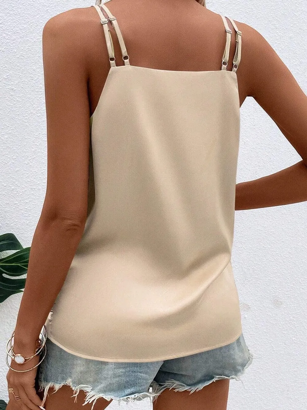 Apricot Pleated V Neck Satin Tank Top