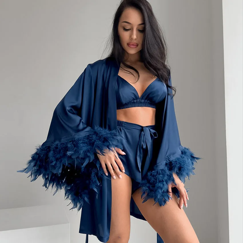 Autumn Loose Comfortable Feather Sleeve Homewear Underwear Shorts Nightgown Three Piece Pajamas Women