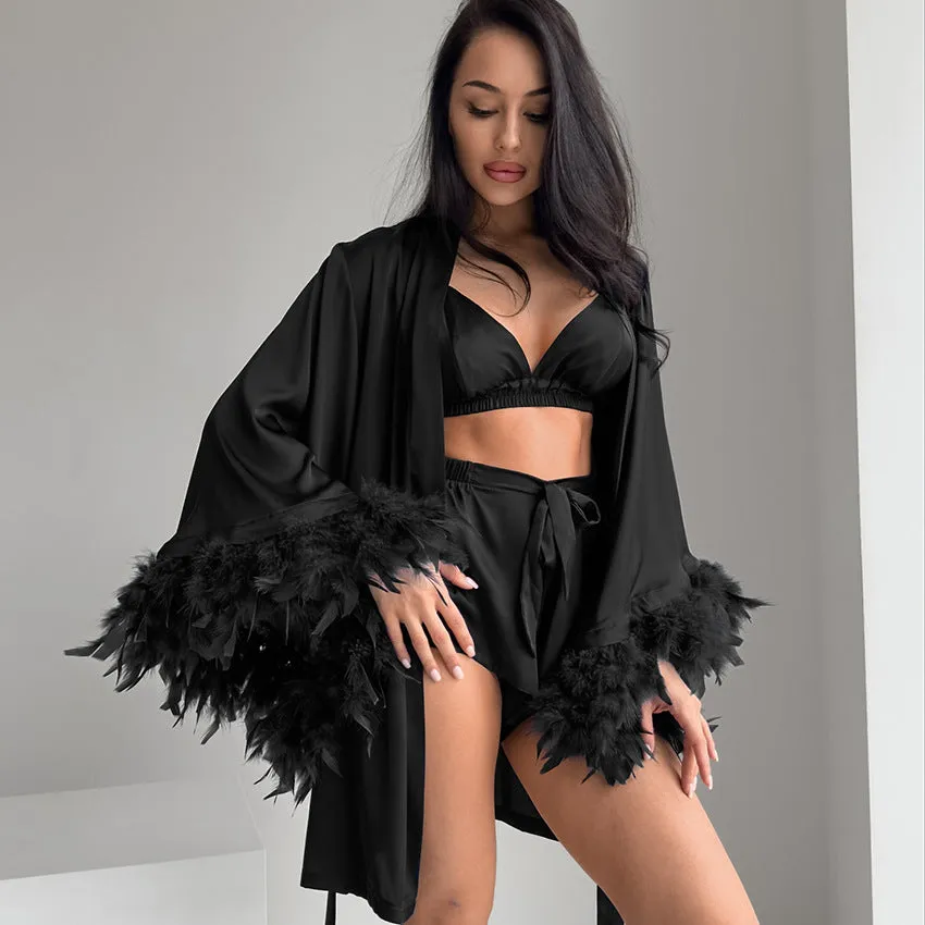 Autumn Loose Comfortable Feather Sleeve Homewear Underwear Shorts Nightgown Three Piece Pajamas Women