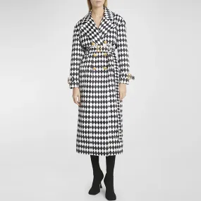 Autumn Winter Black White Diamond Grid Belt Long Trench Coat