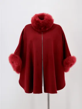 Baby Alpaca Cape with Fur Trim - Crimson / Regular