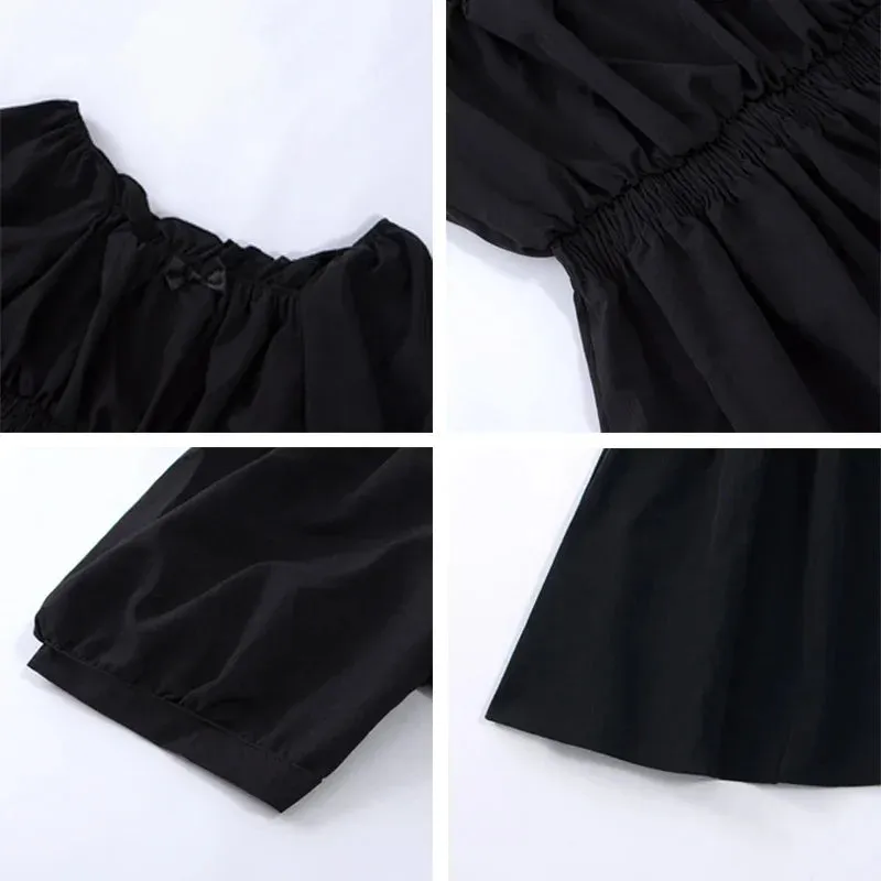 Balck Puff Sleeve Women Dresses Gothic Wrap Kawaii Cute Dress Goth Casual Sundress Dark Academia Clothes