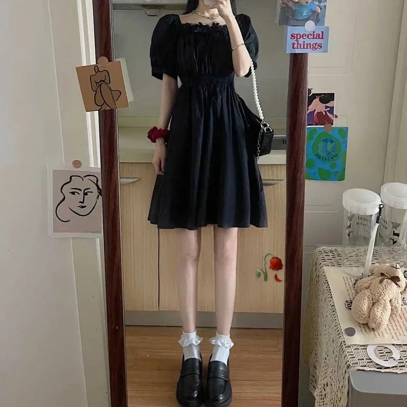 Balck Puff Sleeve Women Dresses Gothic Wrap Kawaii Cute Dress Goth Casual Sundress Dark Academia Clothes