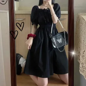 Balck Puff Sleeve Women Dresses Gothic Wrap Kawaii Cute Dress Goth Casual Sundress Dark Academia Clothes