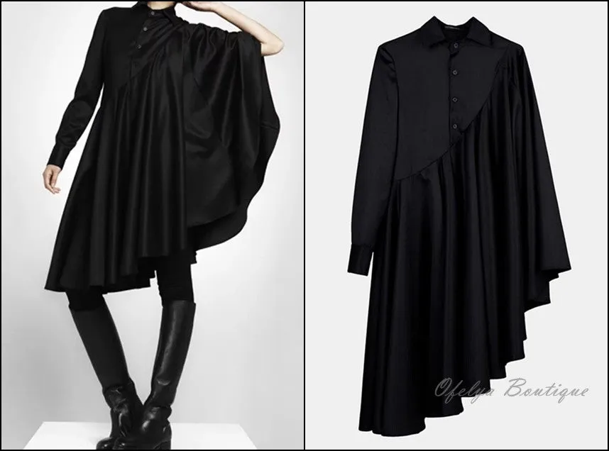 Bat Sleeve Loose Fit Cape-Style Blouse Shirt Asymmetrical pleated Skirt Dress Tunic