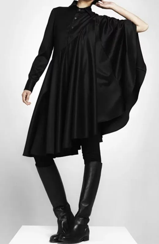 Bat Sleeve Loose Fit Cape-Style Blouse Shirt Asymmetrical pleated Skirt Dress Tunic