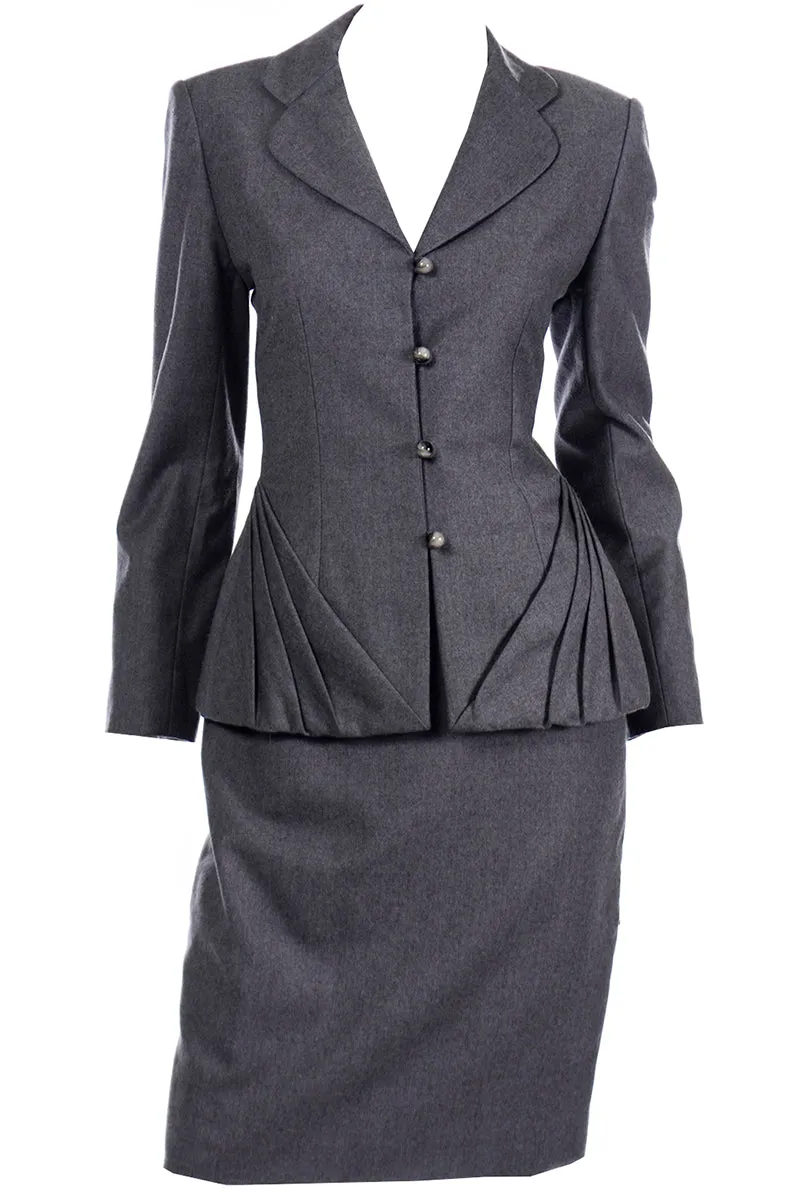 Bill Blass Grey Wool Pleated Blazer Jacket and Skirt Suit