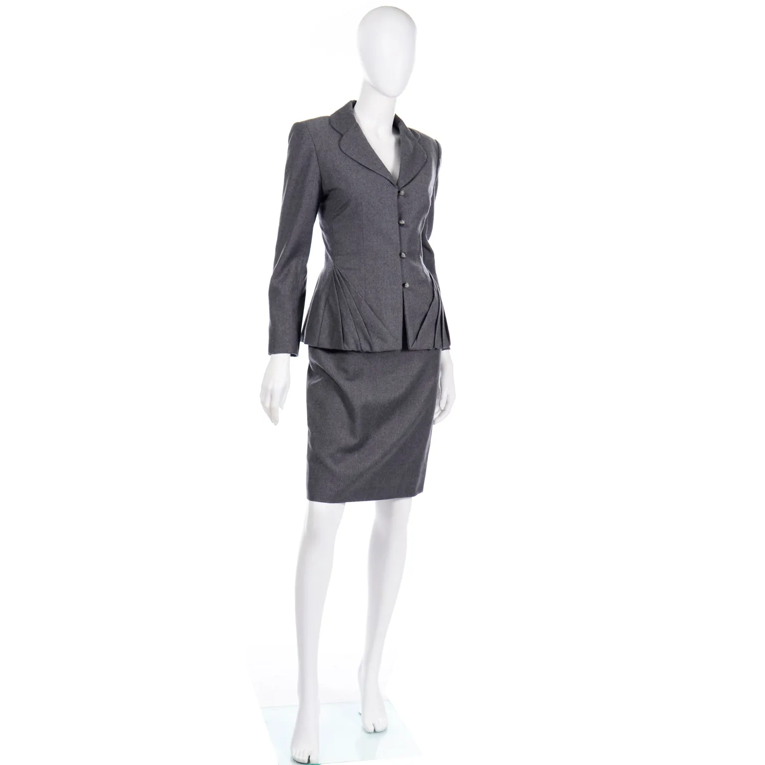 Bill Blass Grey Wool Pleated Blazer Jacket and Skirt Suit