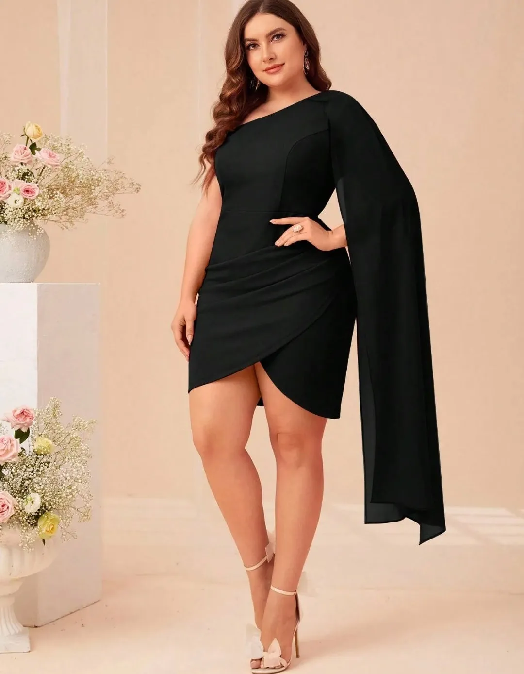 Black Plus Size One Shoulder Cloak Sleeve Wrap Hem Dress