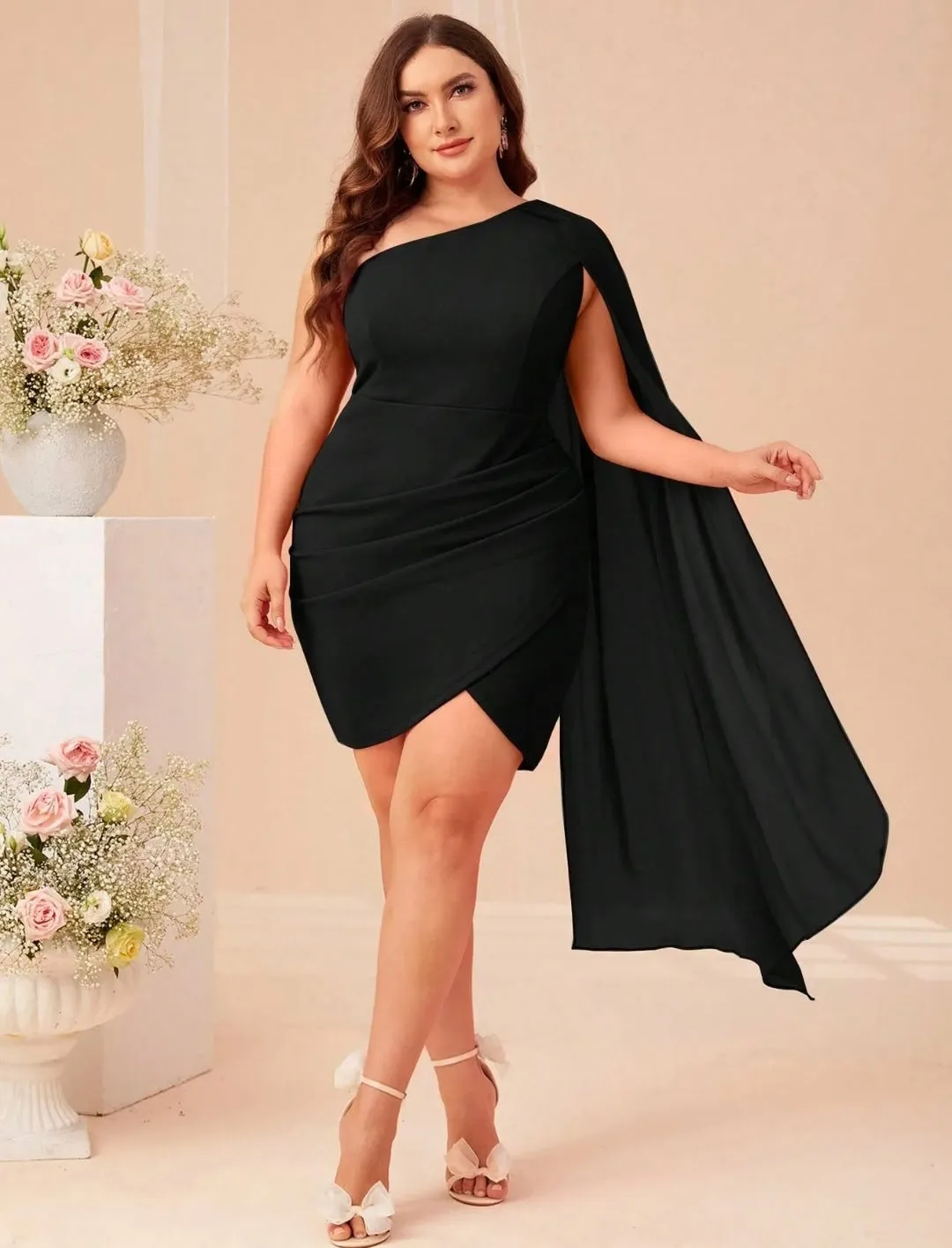 Black Plus Size One Shoulder Cloak Sleeve Wrap Hem Dress