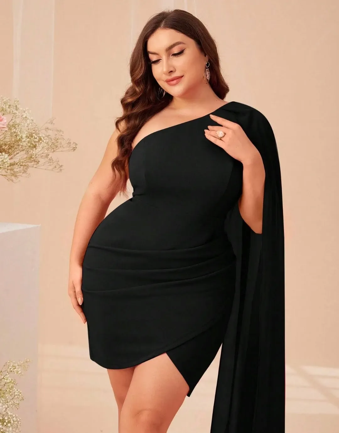 Black Plus Size One Shoulder Cloak Sleeve Wrap Hem Dress