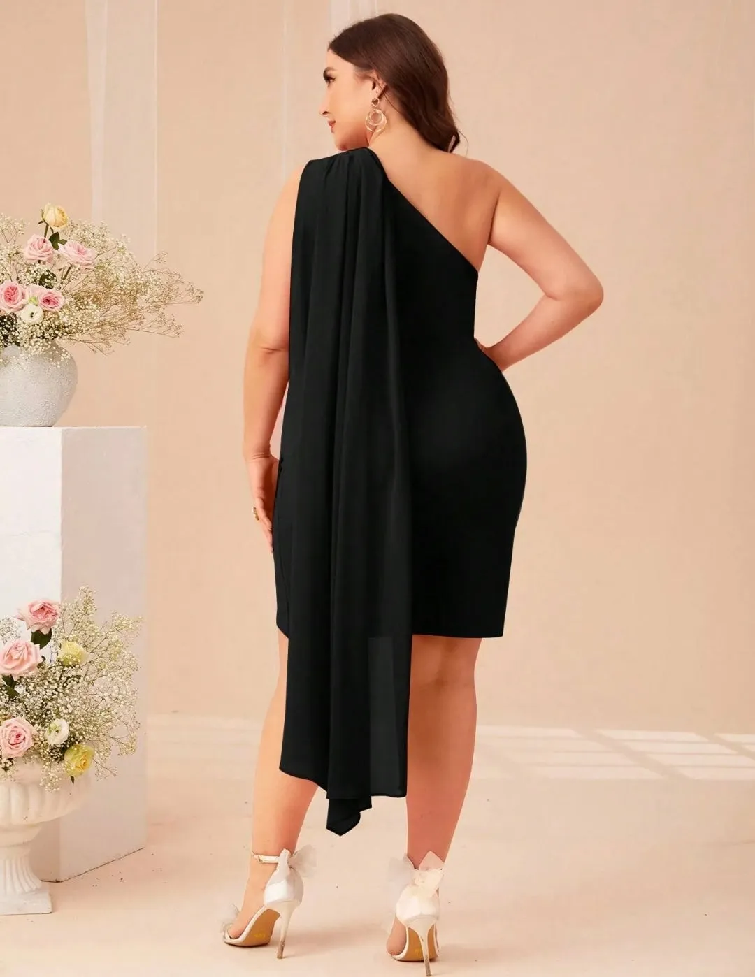 Black Plus Size One Shoulder Cloak Sleeve Wrap Hem Dress