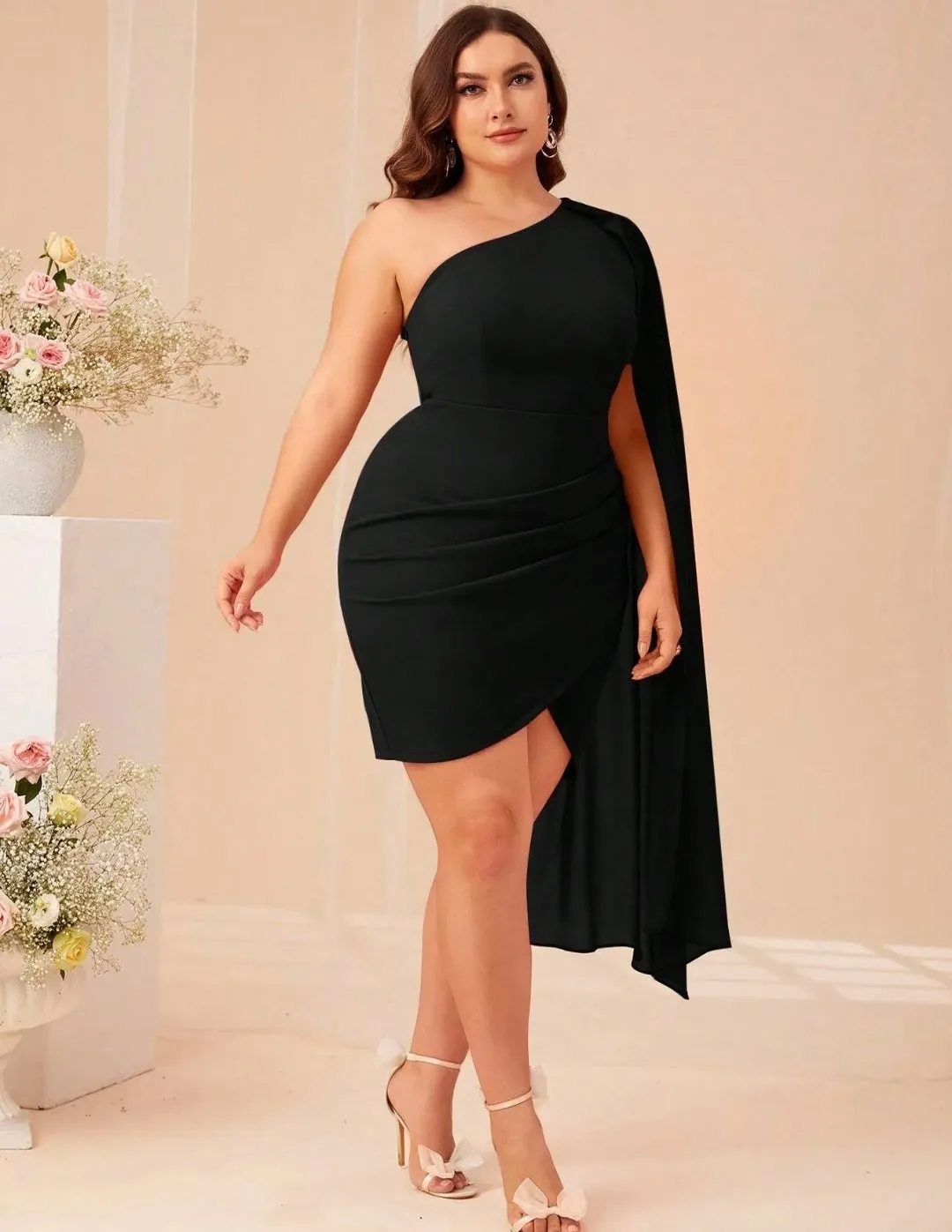 Black Plus Size One Shoulder Cloak Sleeve Wrap Hem Dress