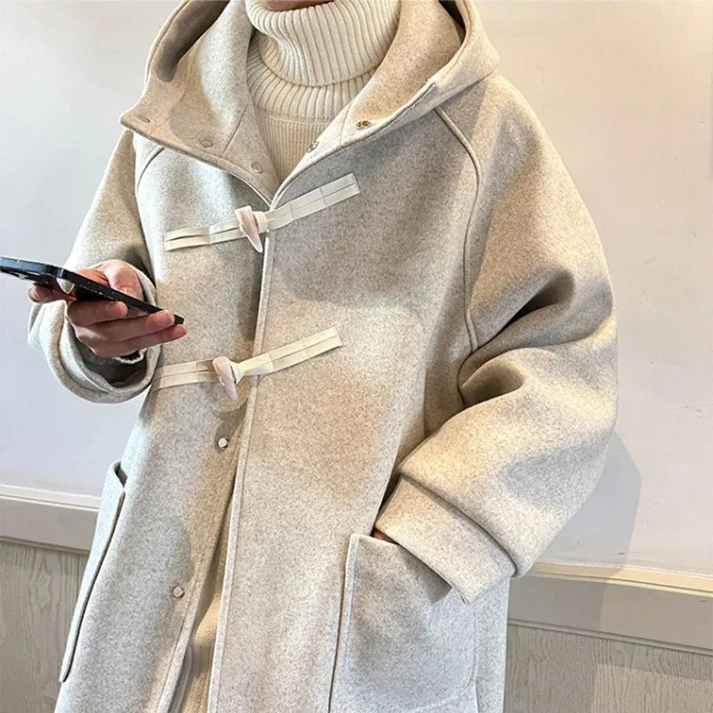 Bonsir Y2K Mens Jackets Hooded Cow Horn Buttoned Woolen Unisex Outfit Winter Casual Korean Trend Solid Color Trench Coat Men's Clothing