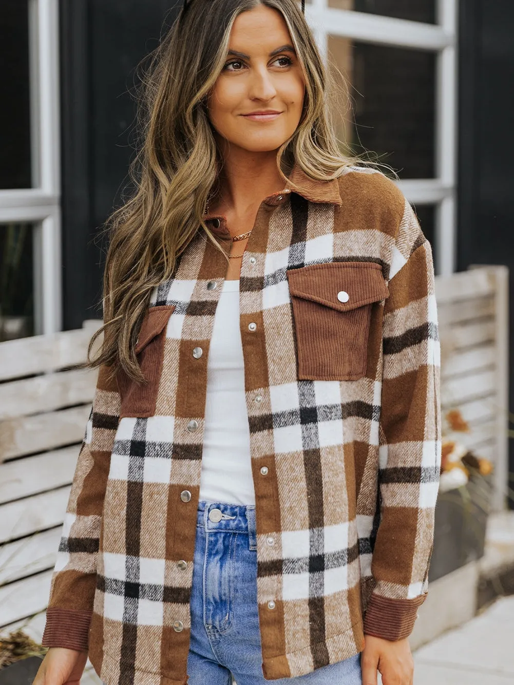 Brown Plaid Shacket with Pockets