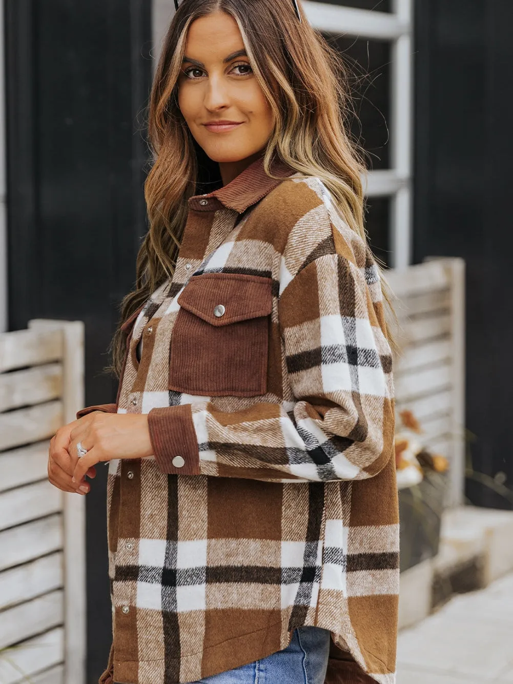 Brown Plaid Shacket with Pockets