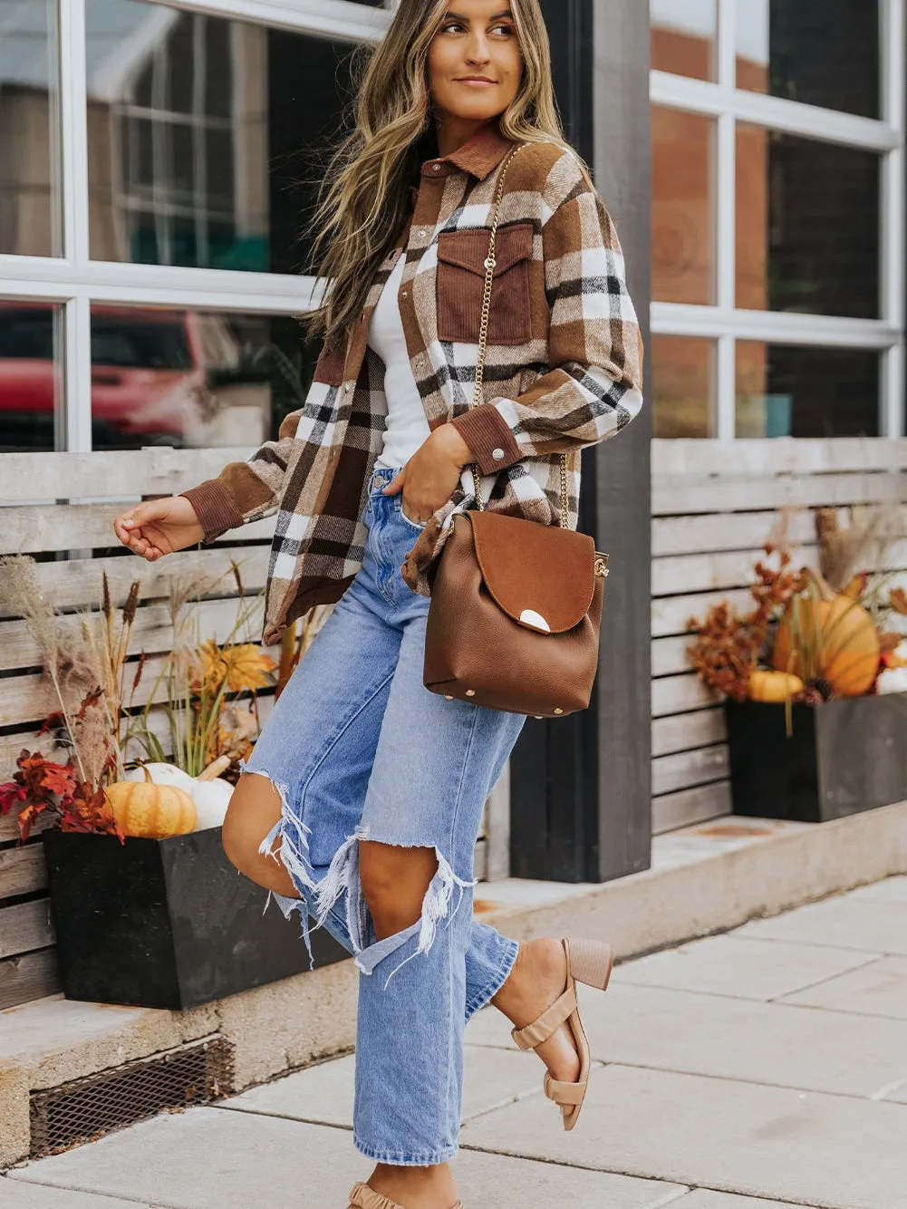 Brown Plaid Shacket with Pockets