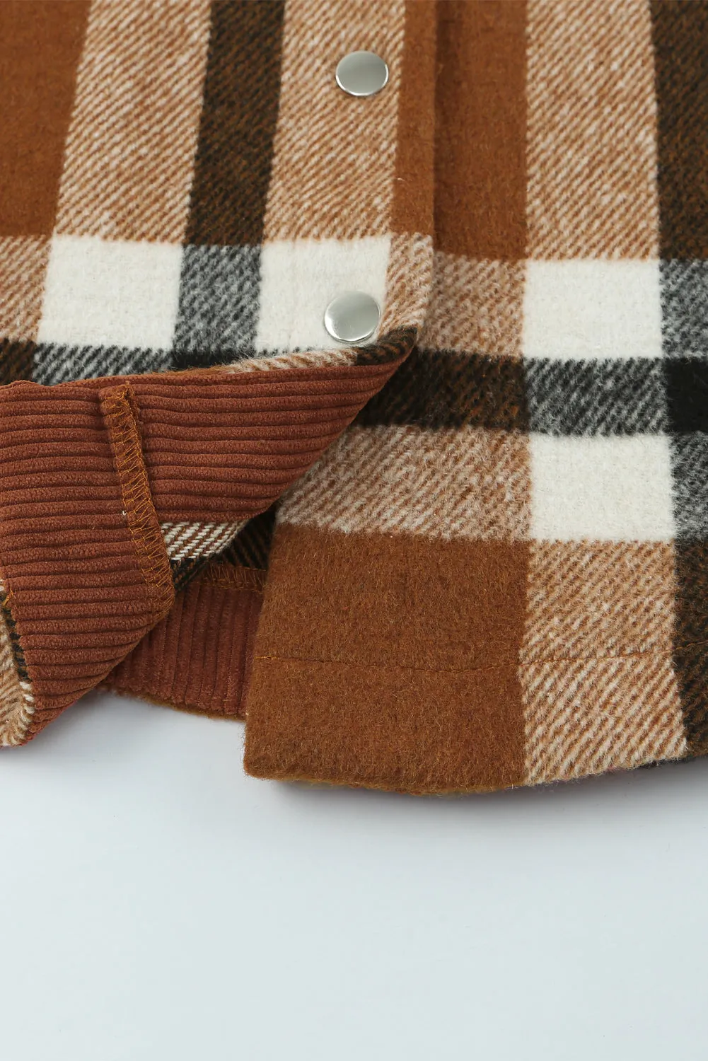 Brown Pocketed Buttoned Plaid Shirt Jacket