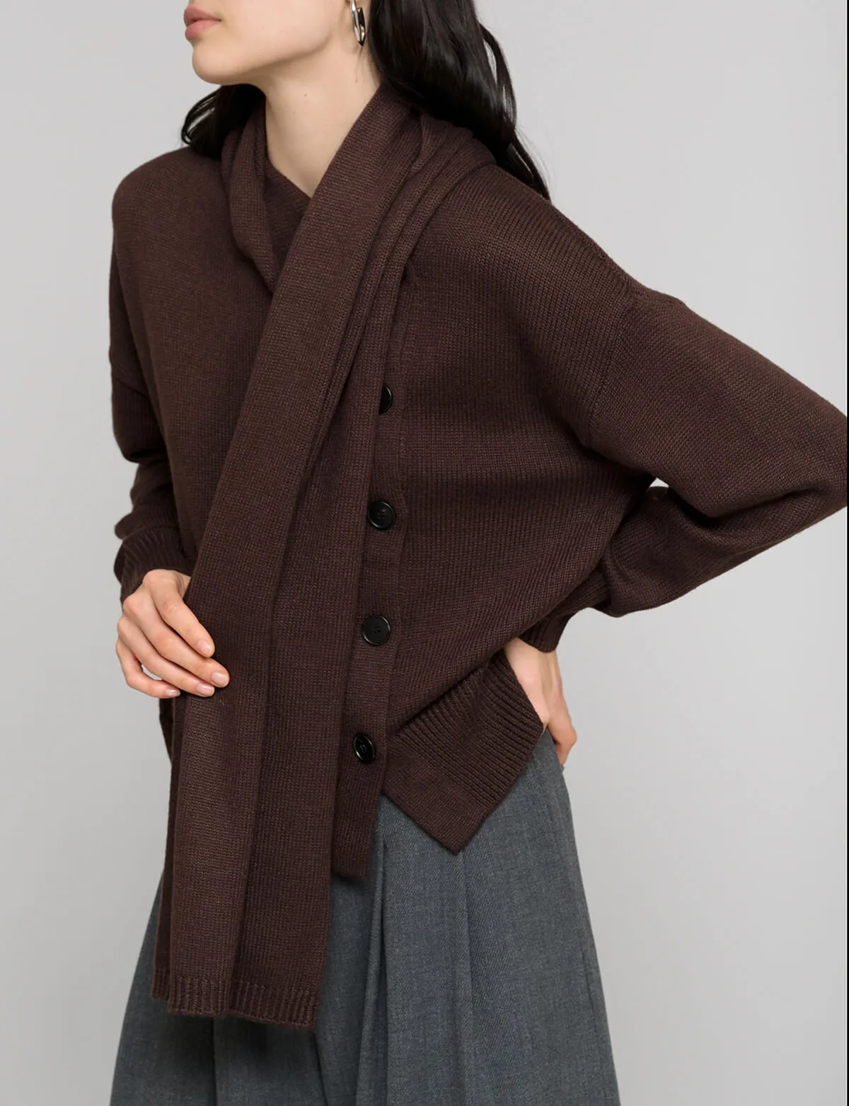 Brown Scarf Button Sweater