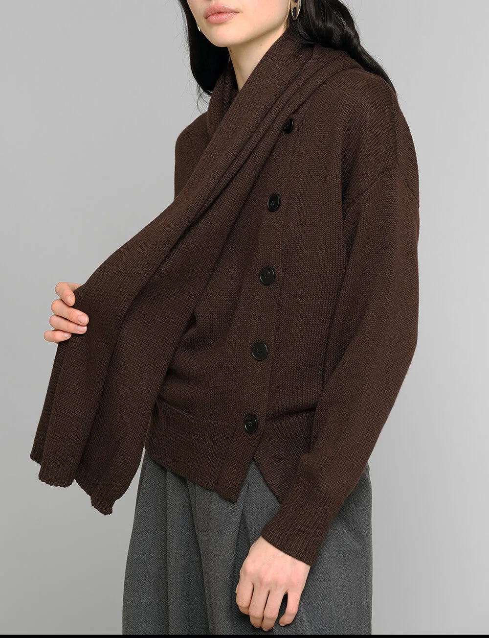 Brown Scarf Button Sweater