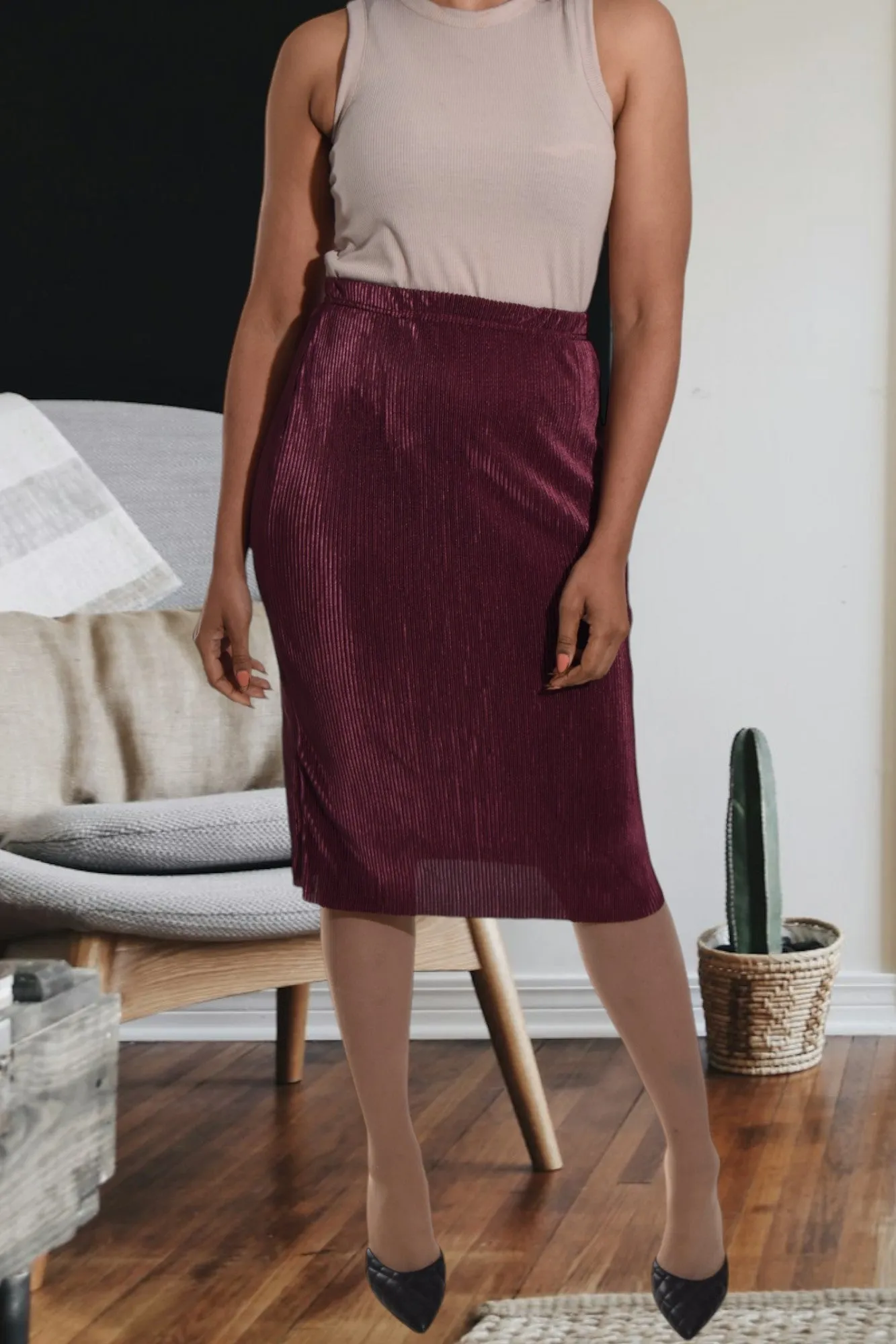 Burgundy Plisse Midi Skirt