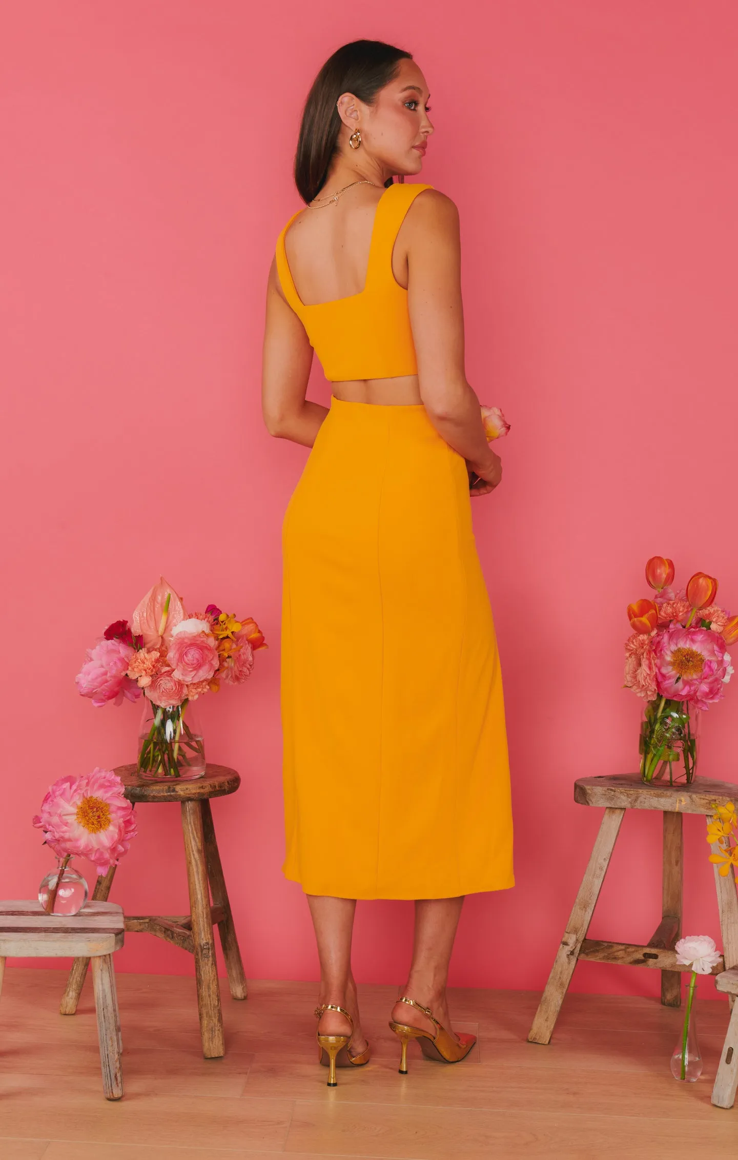 Cecilia Midi Skirt ~ Tangerine Stretch