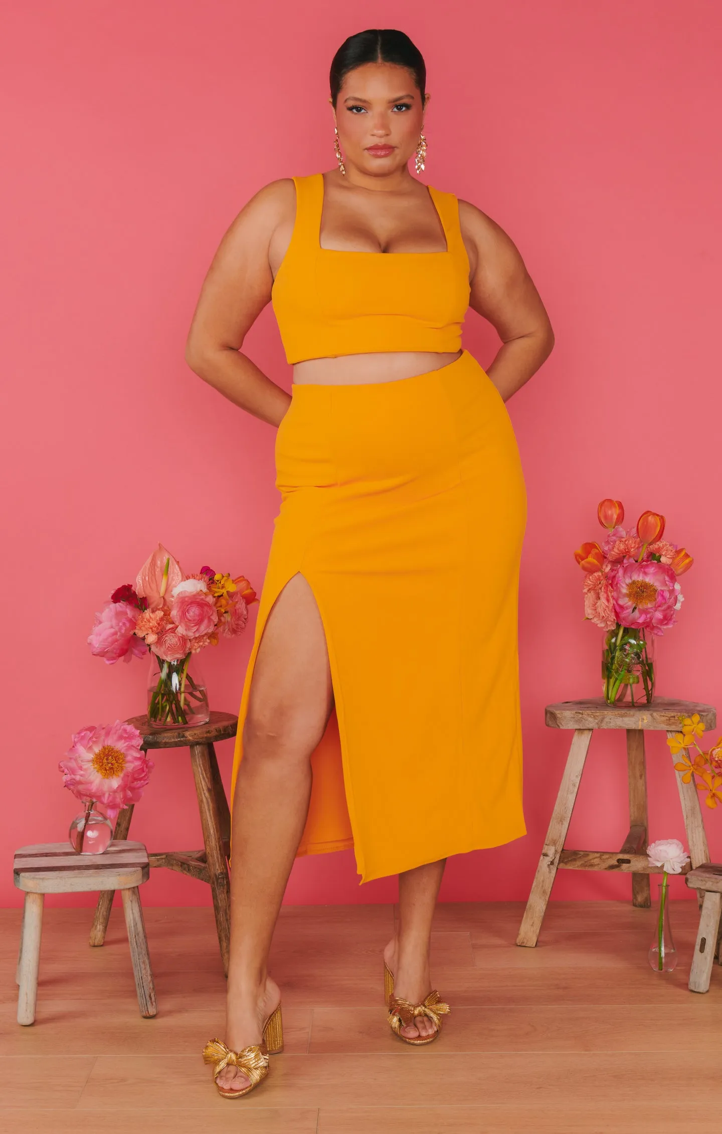 Cecilia Midi Skirt ~ Tangerine Stretch