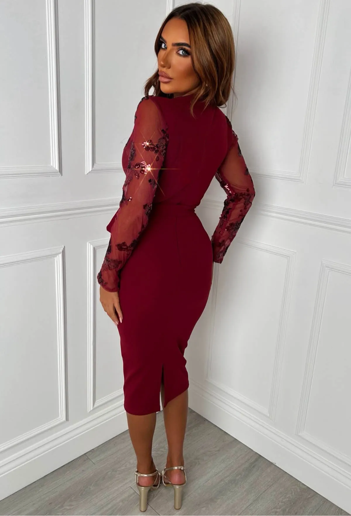 Celebrity Scandal Red Sequin Long Sleeve Midi Dress