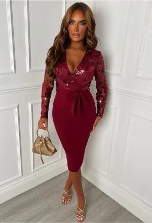 Celebrity Scandal Red Sequin Long Sleeve Midi Dress