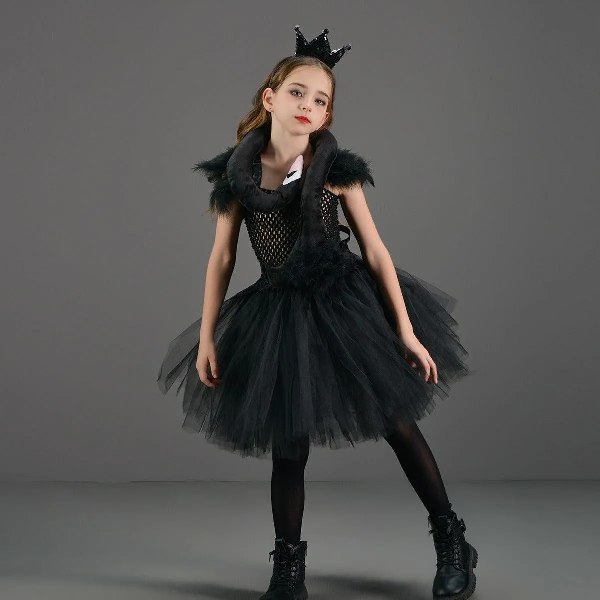 Children's Halloween cosplay costume swan fluffy girl princess dress stage performance elegant dress crown