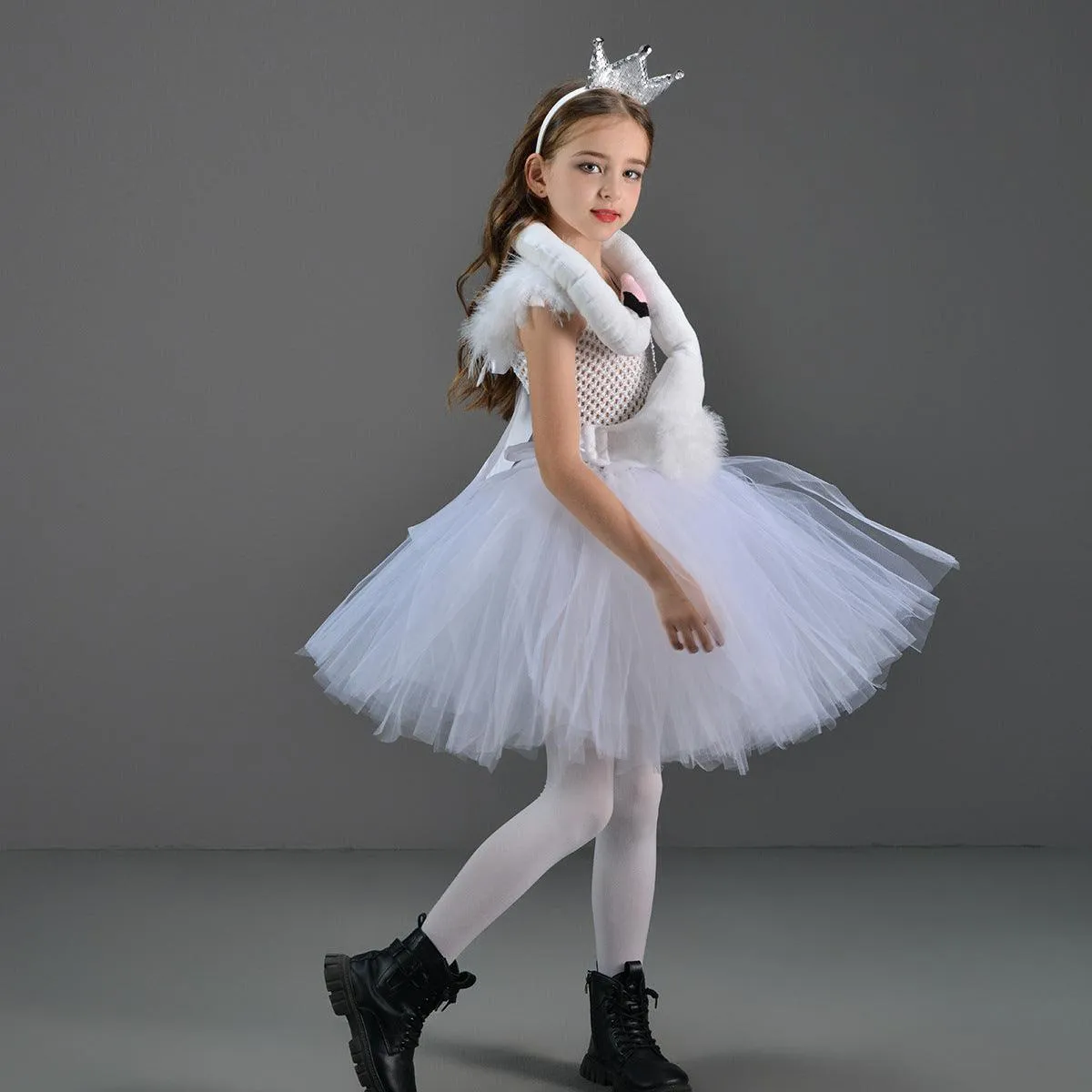 Children's Halloween cosplay costume swan fluffy girl princess dress stage performance elegant dress crown