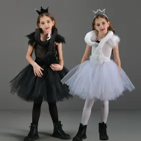 Children's Halloween cosplay costume swan fluffy girl princess dress stage performance elegant dress crown