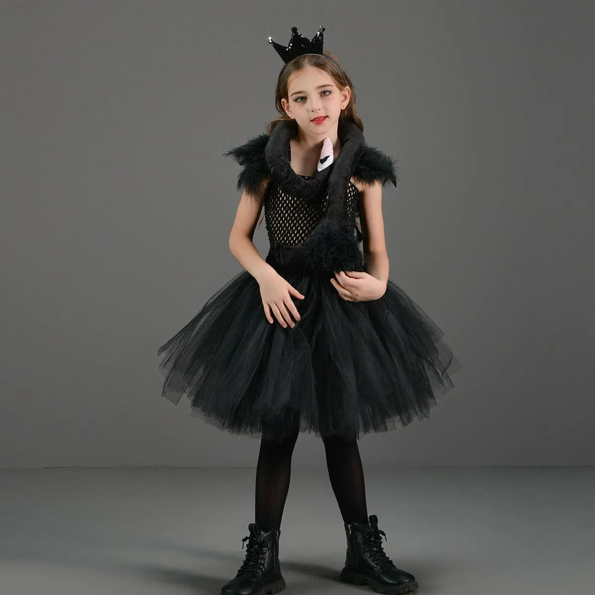 Children's Halloween cosplay costume swan fluffy girl princess dress stage performance elegant dress crown