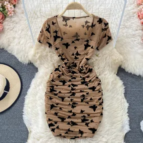 Clavicle pleated slim fit butterfly printed mesh small man Hip Wrap Dress  2773