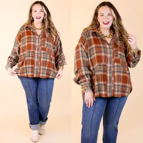 Coffee At Sunrise Button Up Plaid Shacket with Long Sleeves in Rust Brown