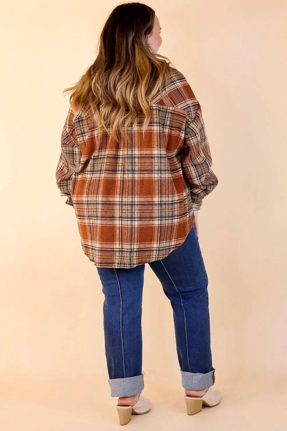 Coffee At Sunrise Button Up Plaid Shacket with Long Sleeves in Rust Brown